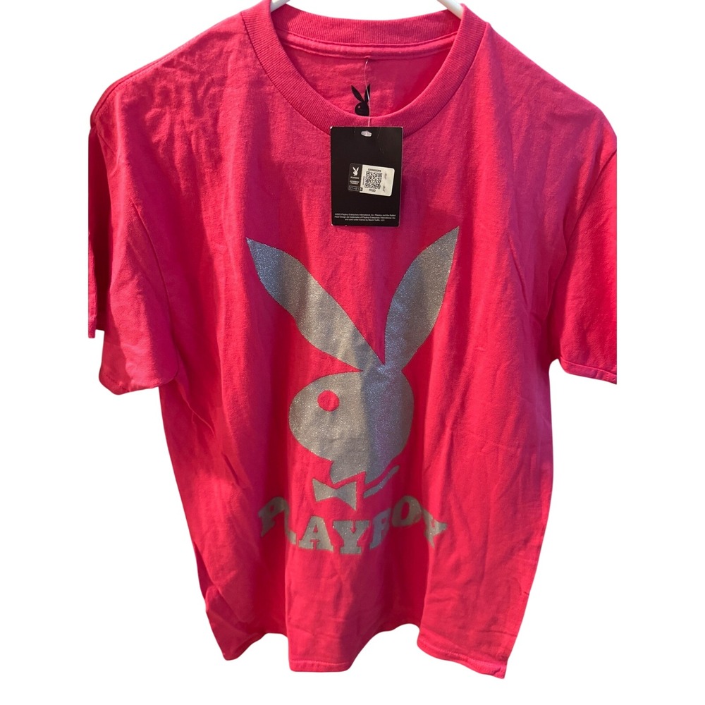 Playboy Pink Glitter Bunny Logo Graphic T-Shirt Medium NWT